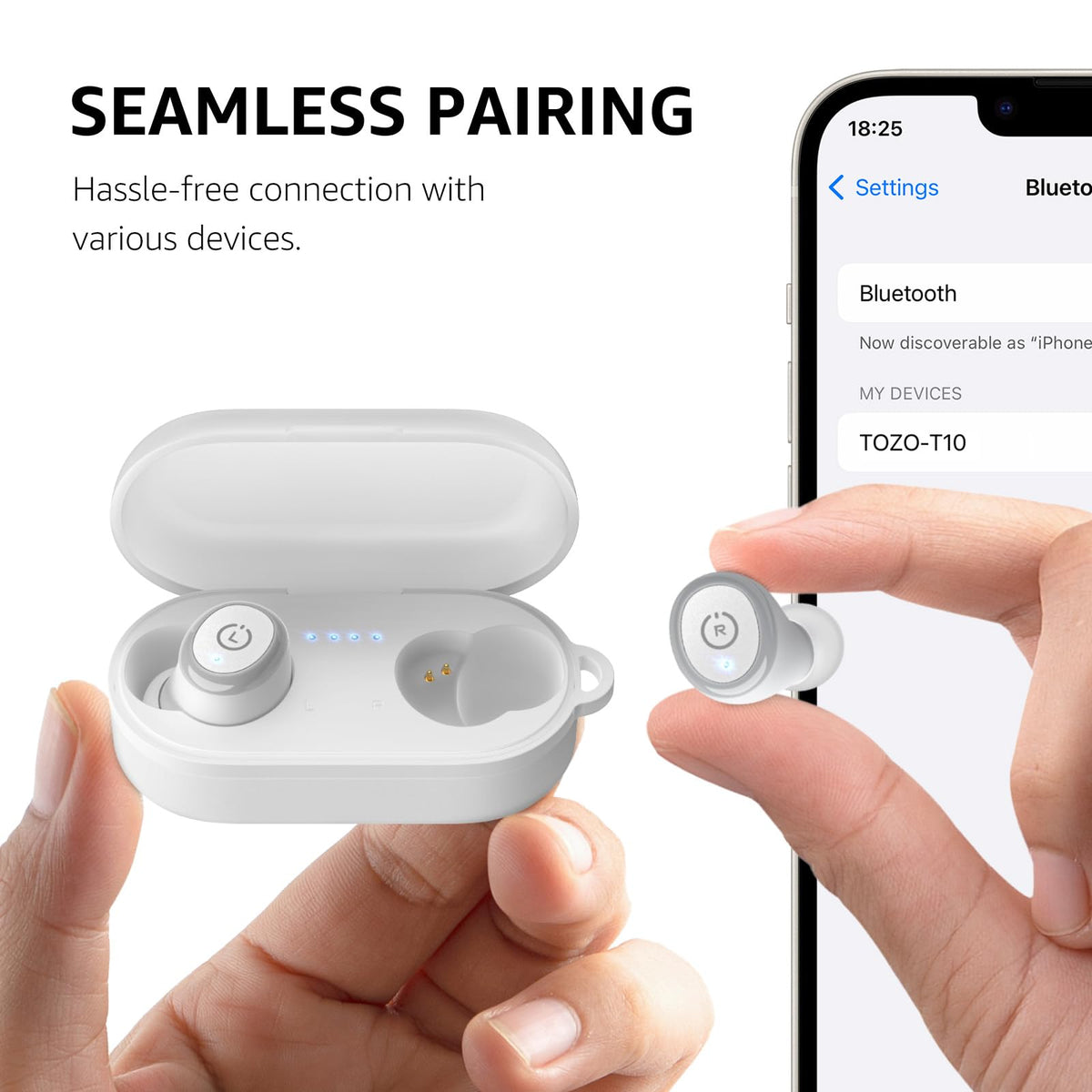 TOZO T10 held in hand for scale, showing lightweight compact design