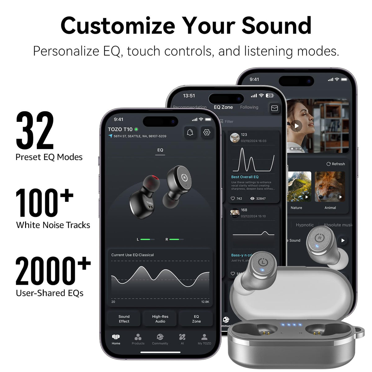 TOZO T10 next to smartphone showing scale and travel-friendly size benefit