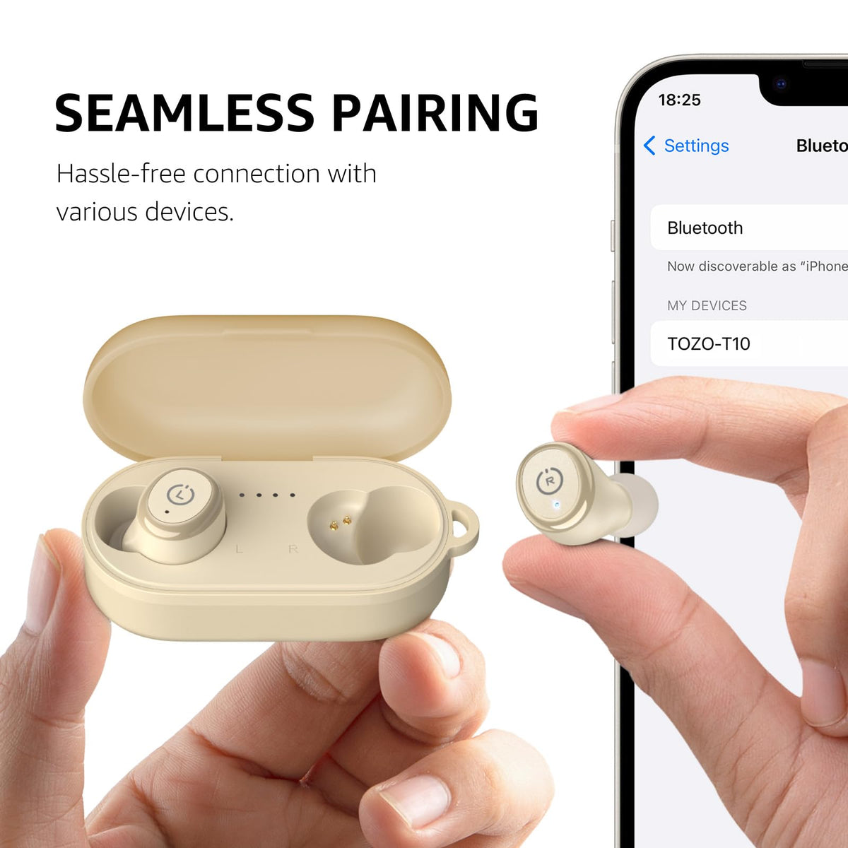 TOZO T10 earbuds with water droplets, showing IPX8 protection against sweat