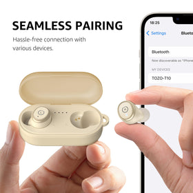 TOZO T10 earbuds with water droplets, showing IPX8 protection against sweat