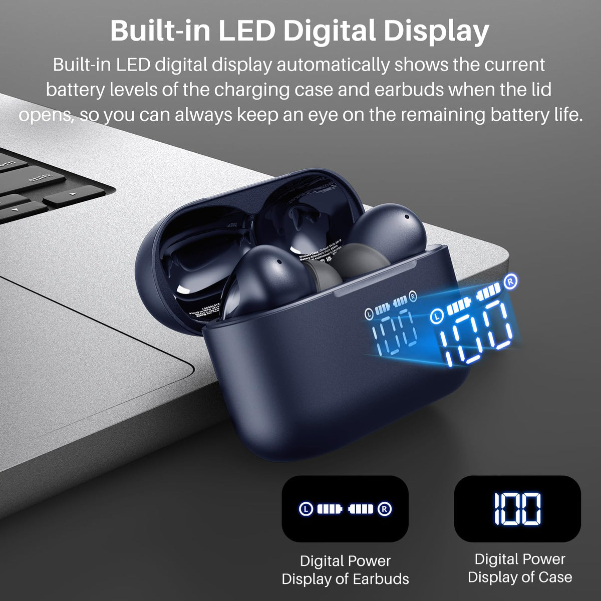 TOZO T20 charging case with LED display indicating remaining battery percentage