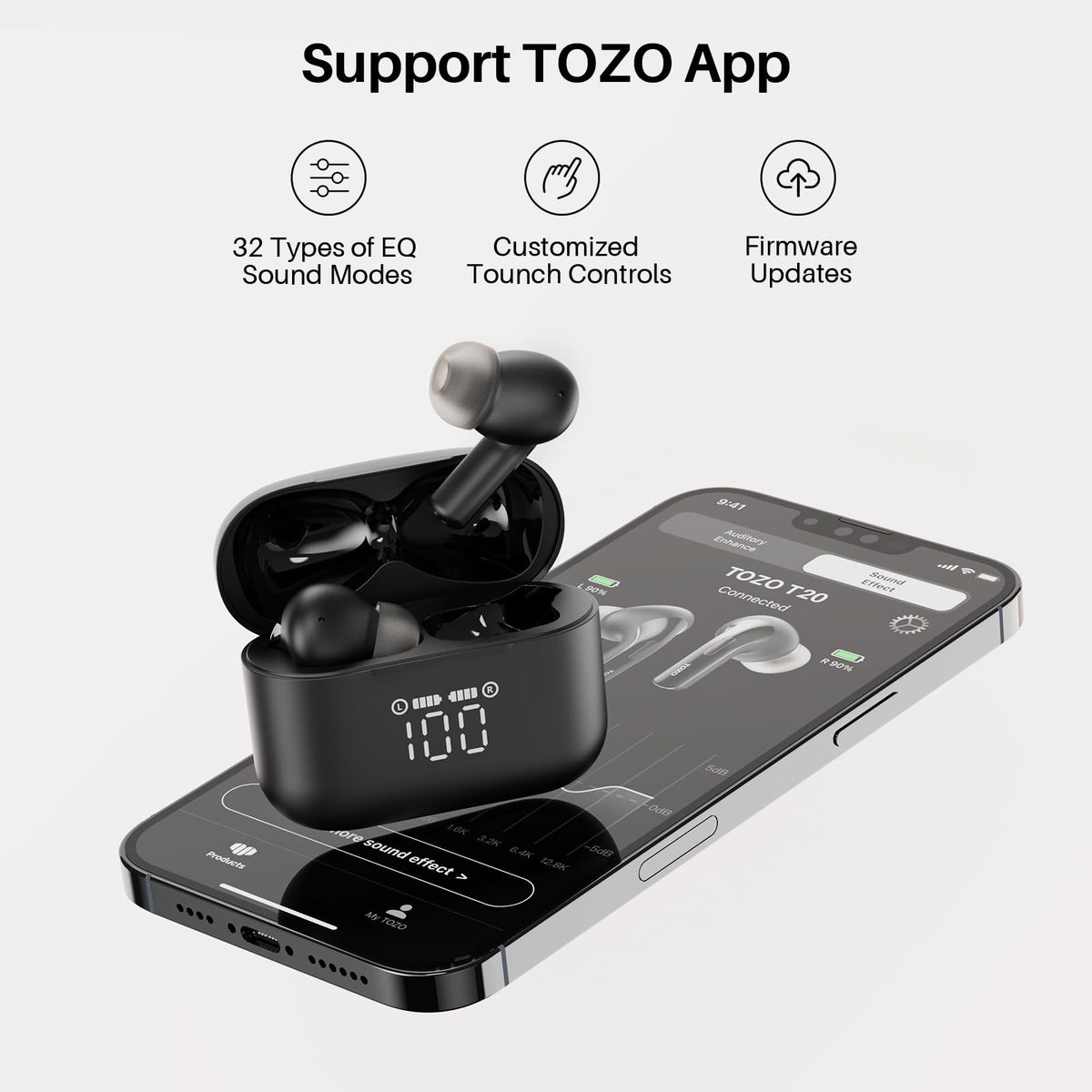 TOZO T20 compact charging case next to smartphone showing portability