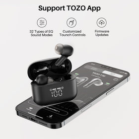 TOZO T20 compact charging case next to smartphone showing portability