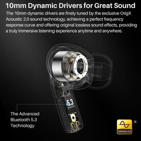 TOZO T20 earbud close-up texture showing driver detail and improved bass
