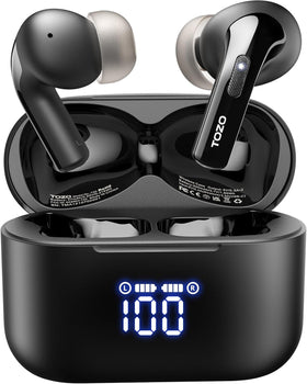 TOZO T20 front view of open charging case showing earbuds and quick access