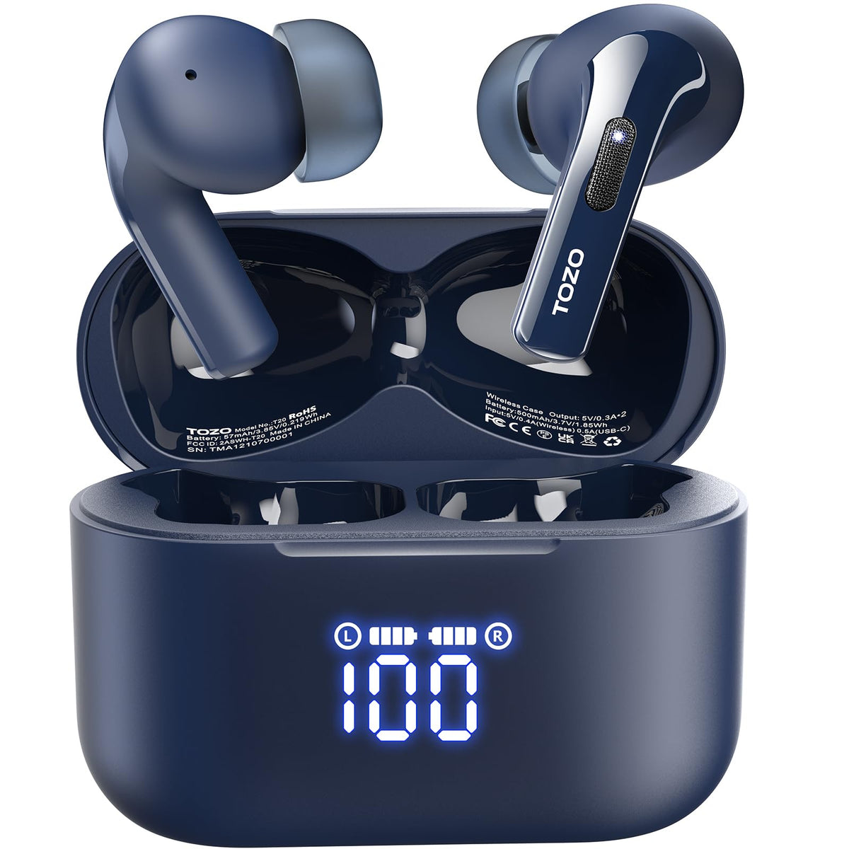 TOZO T20 front packaging and earbuds showing included accessories and benefits