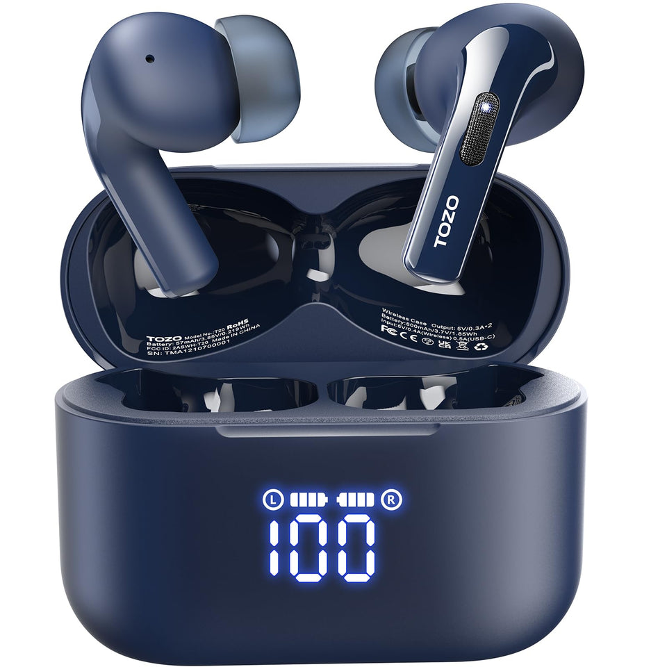 TOZO T20 front packaging and earbuds showing included accessories and benefits