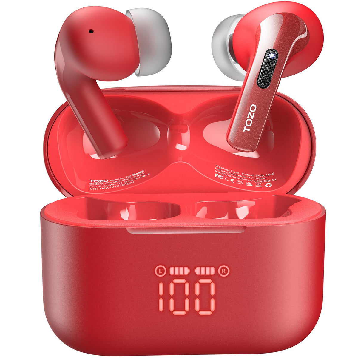 TOZO T20 front view showing case and earbuds, clear design and portability