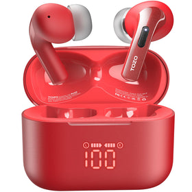 TOZO T20 front view showing case and earbuds, clear design and portability