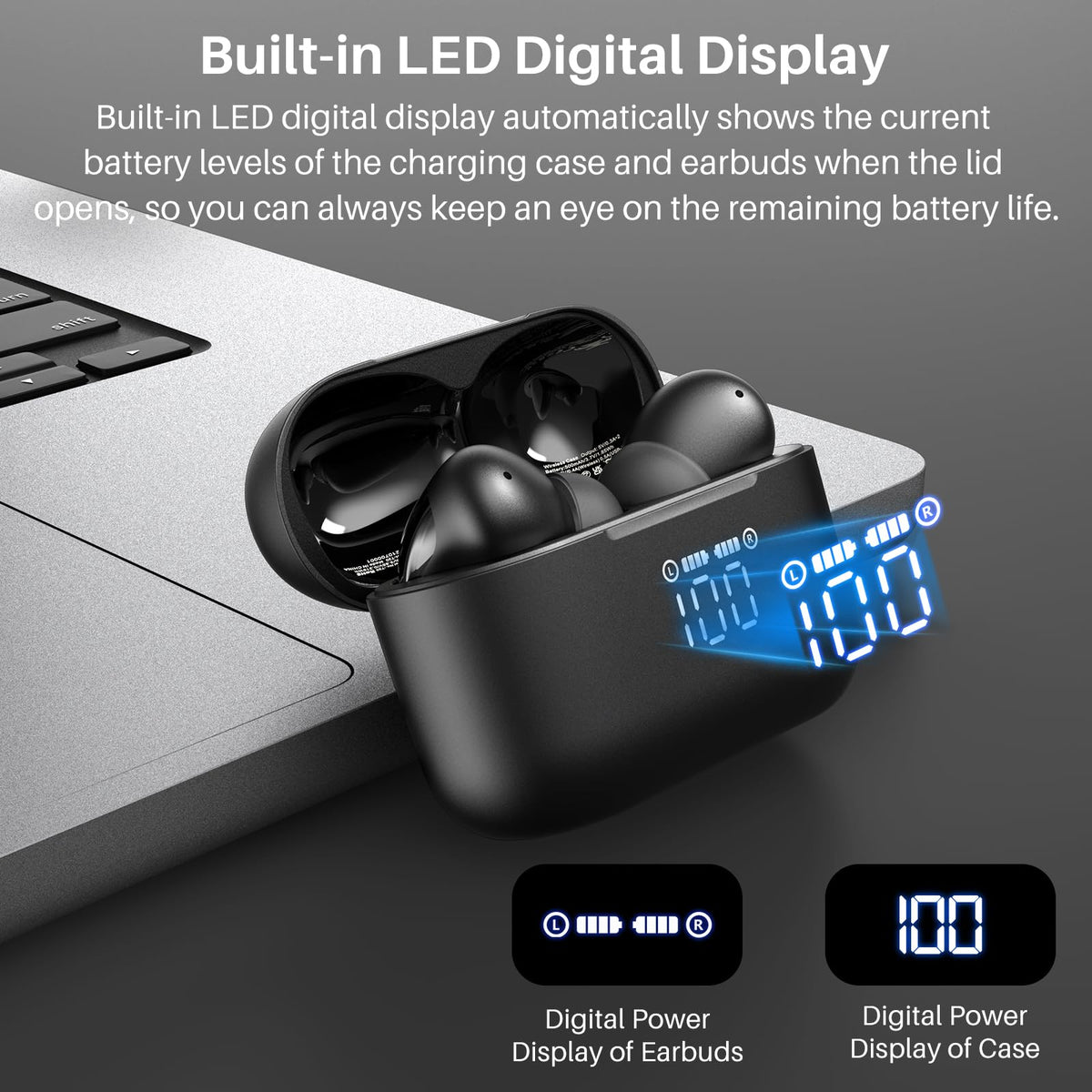TOZO T20 clear LED display on case showing precise battery levels