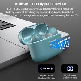 TOZO T20 charging case with LED display indicating battery levels for convenience