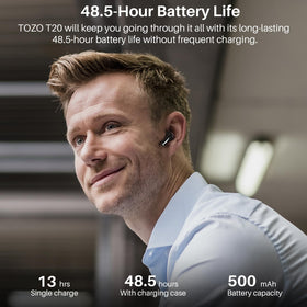 TOZO T20 case wirelessly charging on a pad for convenient power topping