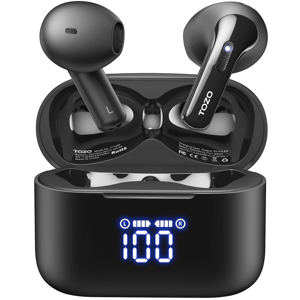 TOZO T21 front packaging showing earbuds and case, highlighting included accessories