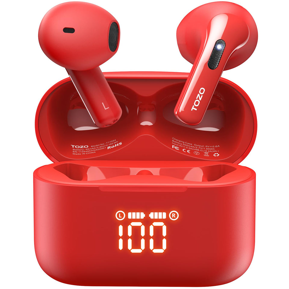 TOZO T21 front packaging showing earbuds and case, highlights convenience