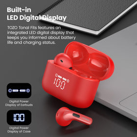TOZO T21 charging case LED display lit, indicates battery levels clearly