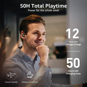TOZO T6 provides 50 hours total playtime with the charging case for long excursions.