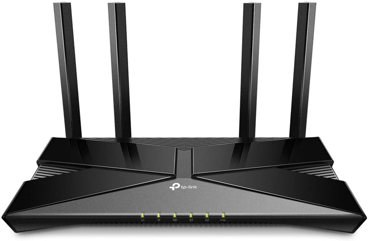 TP‑Link Archer AX20 front view showing LEDs and sleek design for reliable home Wi‑Fi