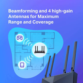 TP‑Link Archer AX20 antenna detail emphasizing improved signal reach and stability