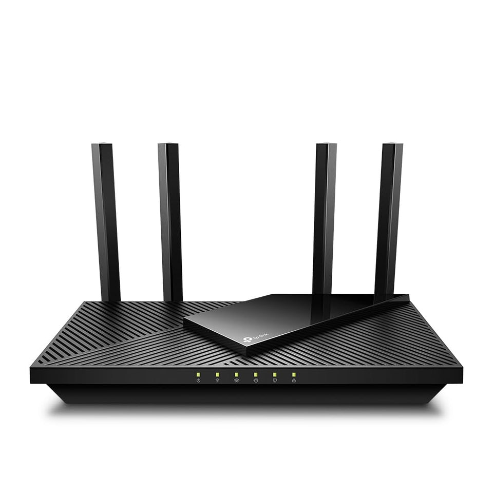 TP-Link Archer AX21 front view showing sleek router design and strong Wi‑Fi coverage