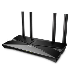 TP-Link Archer AX50 rear ports and label highlighting gigabit Ethernet and WAN port benefits