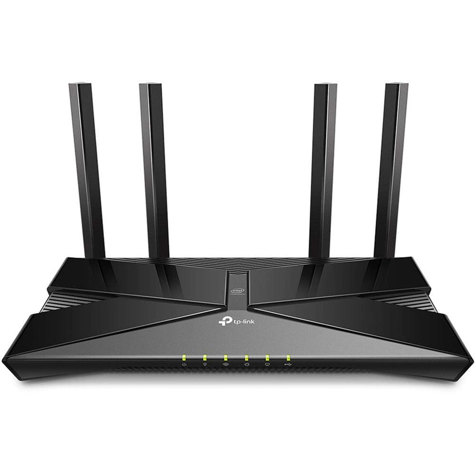 TP-Link Archer AX50 front view showing LED indicators and sleek design for fast connectivity