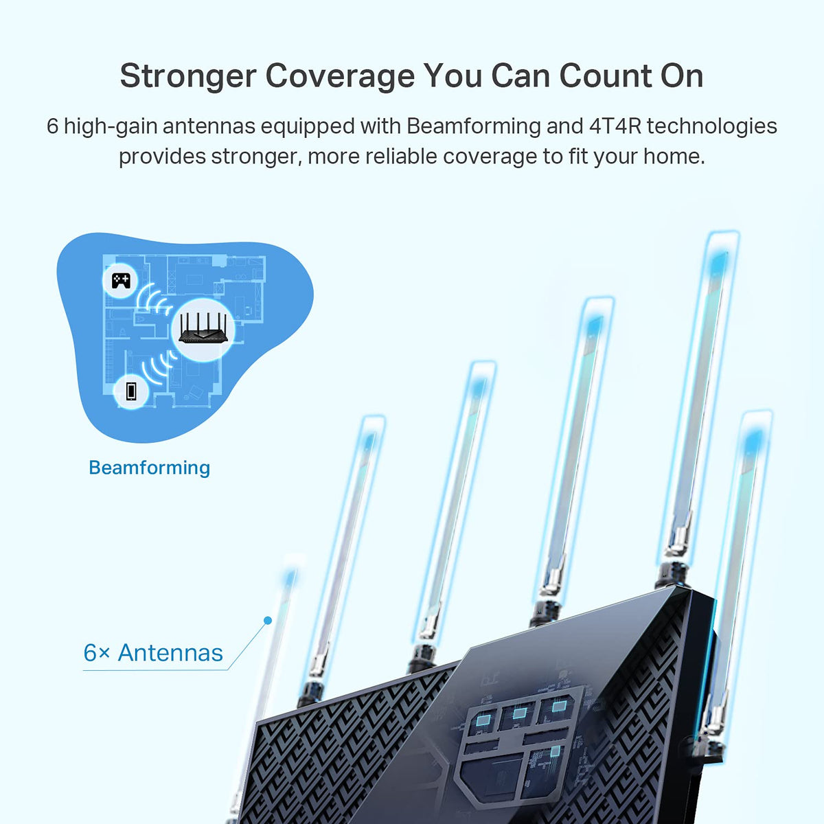 TP-Link Archer AX73 antenna array directs signal toward devices for reliability.