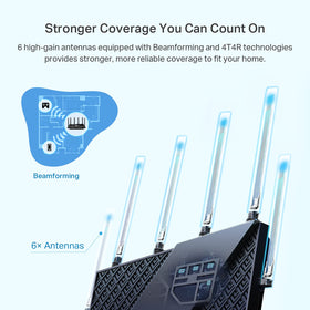 TP-Link Archer AX73 antenna array directs signal toward devices for reliability.
