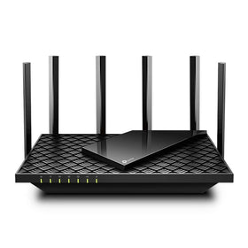 The TP-Link Archer AX73 front view highlights a modern router design for strong WiFi.