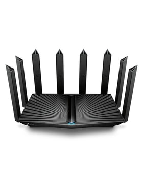 TP-Link Archer AX80 front view shows sleek router for fast Wi-Fi 6 streaming and gaming