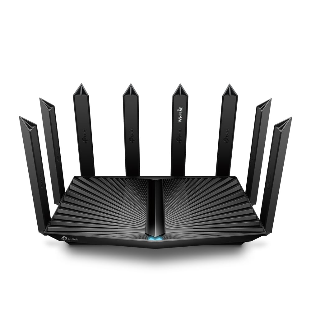TP-Link Archer AXE7800 router front view showing slim profile and status LEDs for quick checks