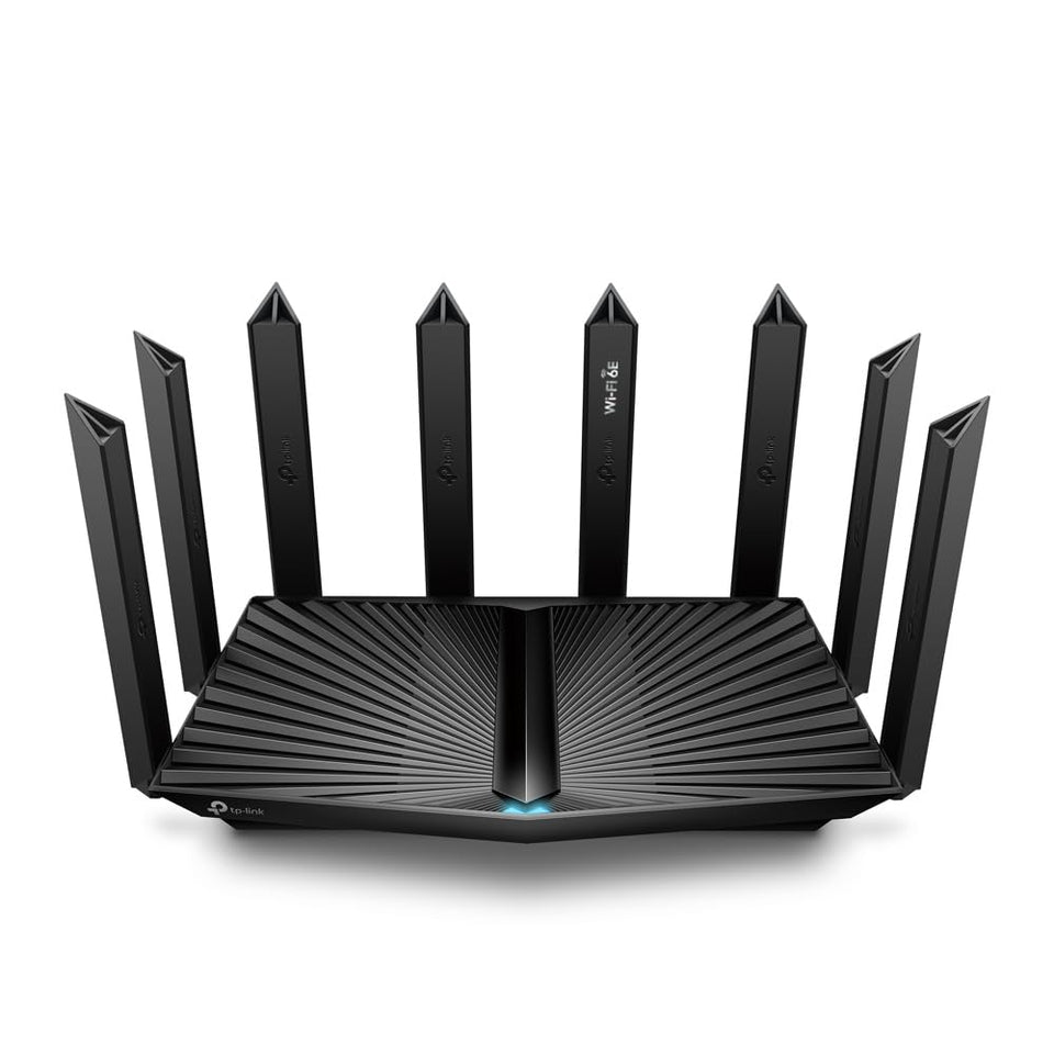 TP-Link Archer AXE7800 router front view showing slim profile and status LEDs for quick checks