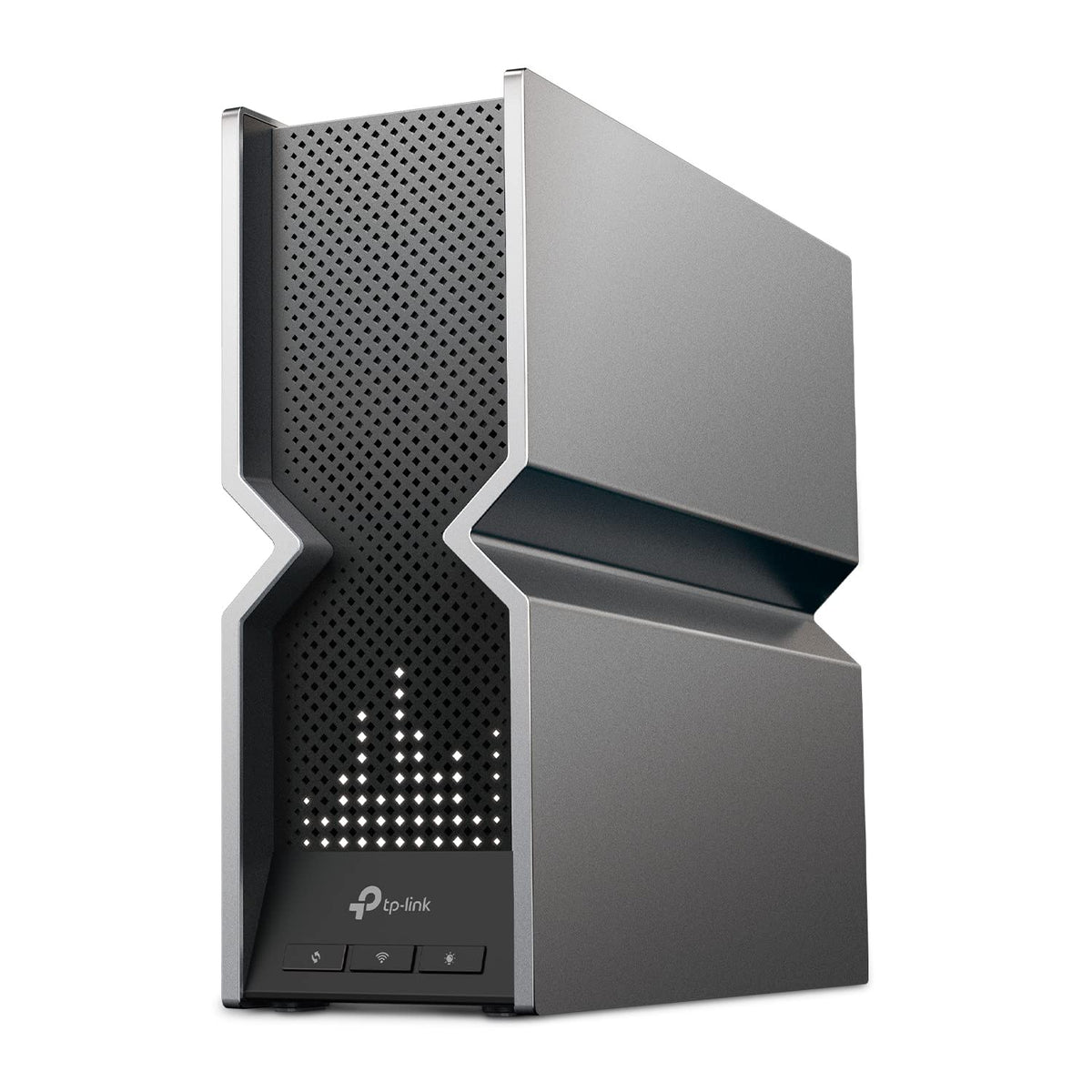 TP-Link Archer BE800 front view with LED screen and sleek design
