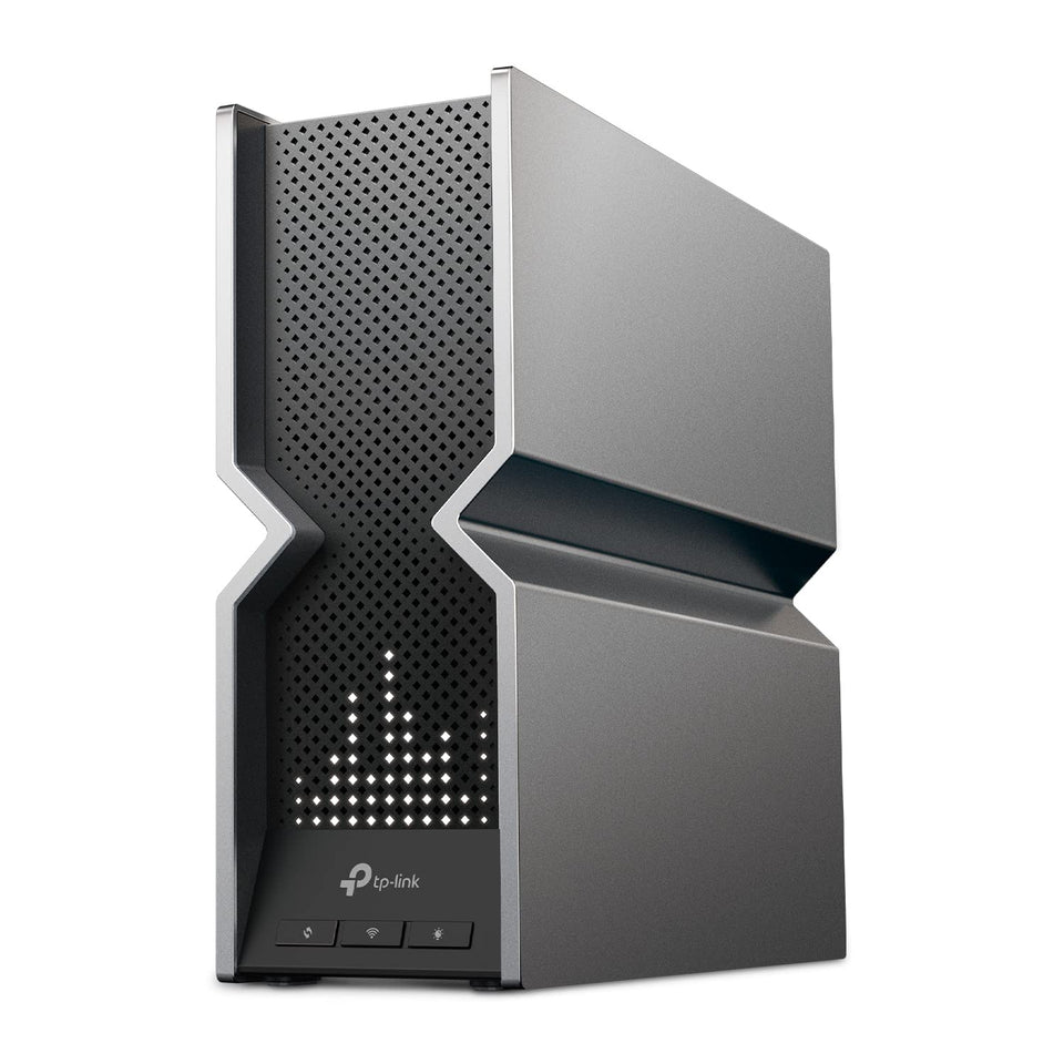 TP-Link Archer BE800 front view with LED screen and sleek design