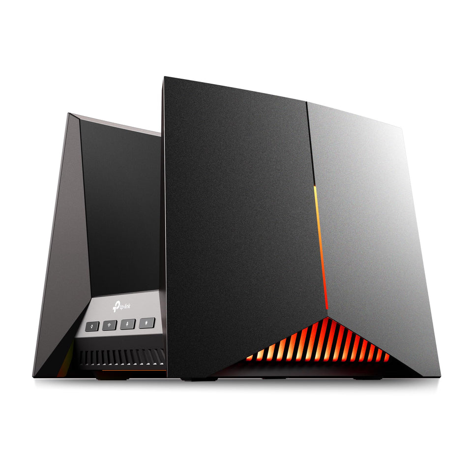 TP-Link Archer GE800 front-angle with RGB lighting for immersive gaming aesthetics