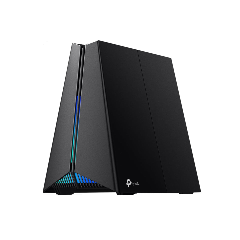 TP-Link Archer GXE75 front view with RGB lighting for gaming aesthetics.