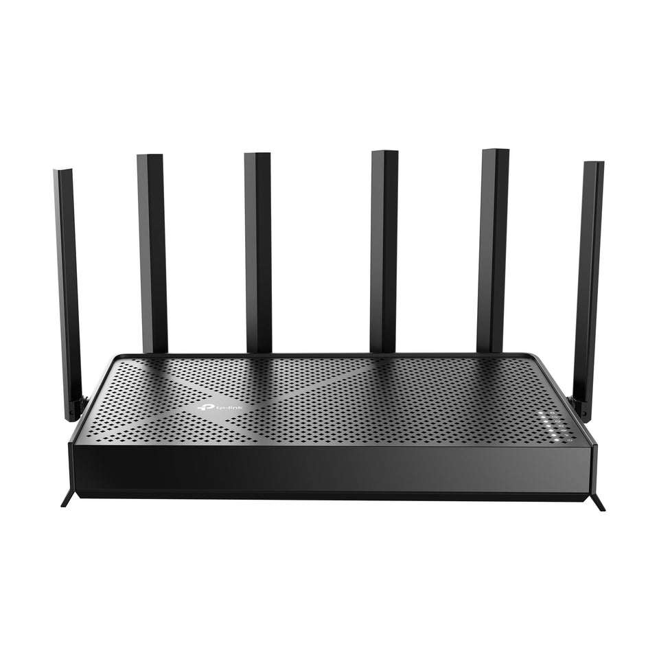 TP-Link BE600 front view, WiFi 7 router ready for multi-device streaming.