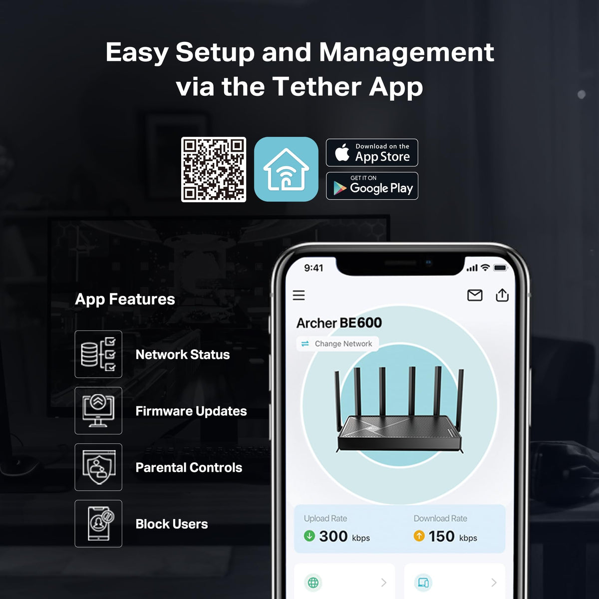 TP-Link BE600 HomeShield dashboard for real-time security controls.
