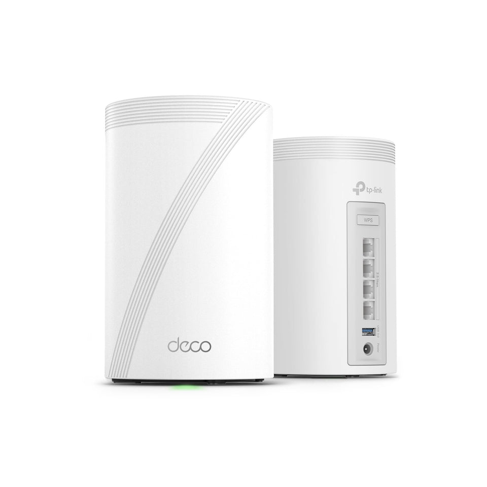 TP-Link Deco 7 Pro BE63 two-pack front view showing compact mesh units for wide coverage