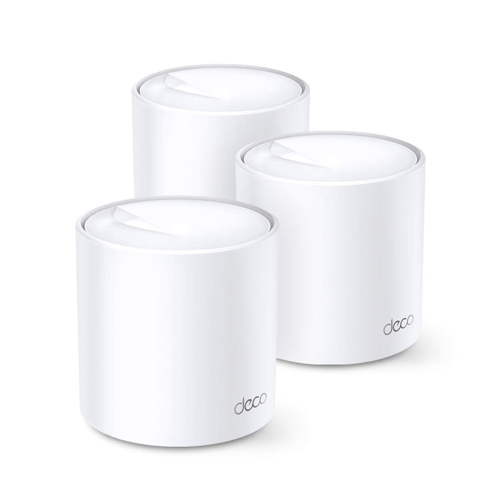 TP-Link Deco AX5000 3-pack front view powering whole-house mesh coverage