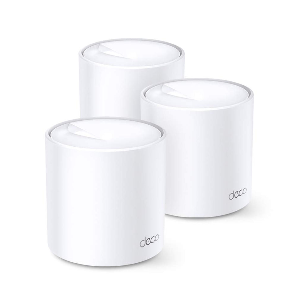 TP-Link Deco AX5000 3-pack front view powering whole-house mesh coverage