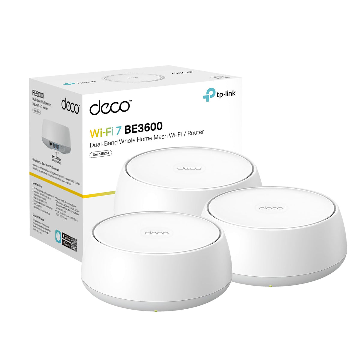 TP-Link Deco BE23 node front view shows sleek mesh design for whole‑home Wi‑Fi 7 coverage.