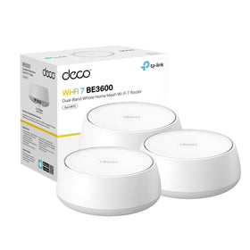 TP-Link Deco BE23 node front view shows sleek mesh design for whole‑home Wi‑Fi 7 coverage.