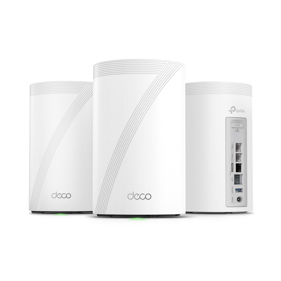 TP-Link Deco BE77 front view, compact tri-band mesh unit.