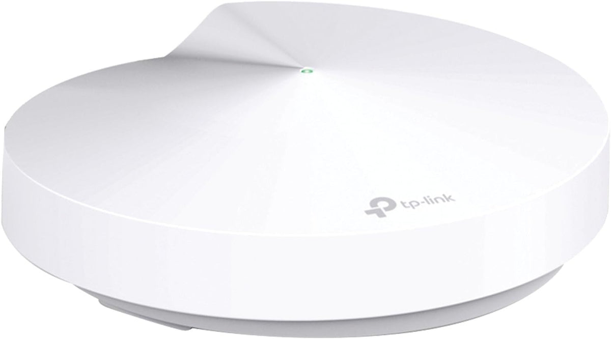 TP-Link Deco M5 front view showing sleek casing and fast setup benefit