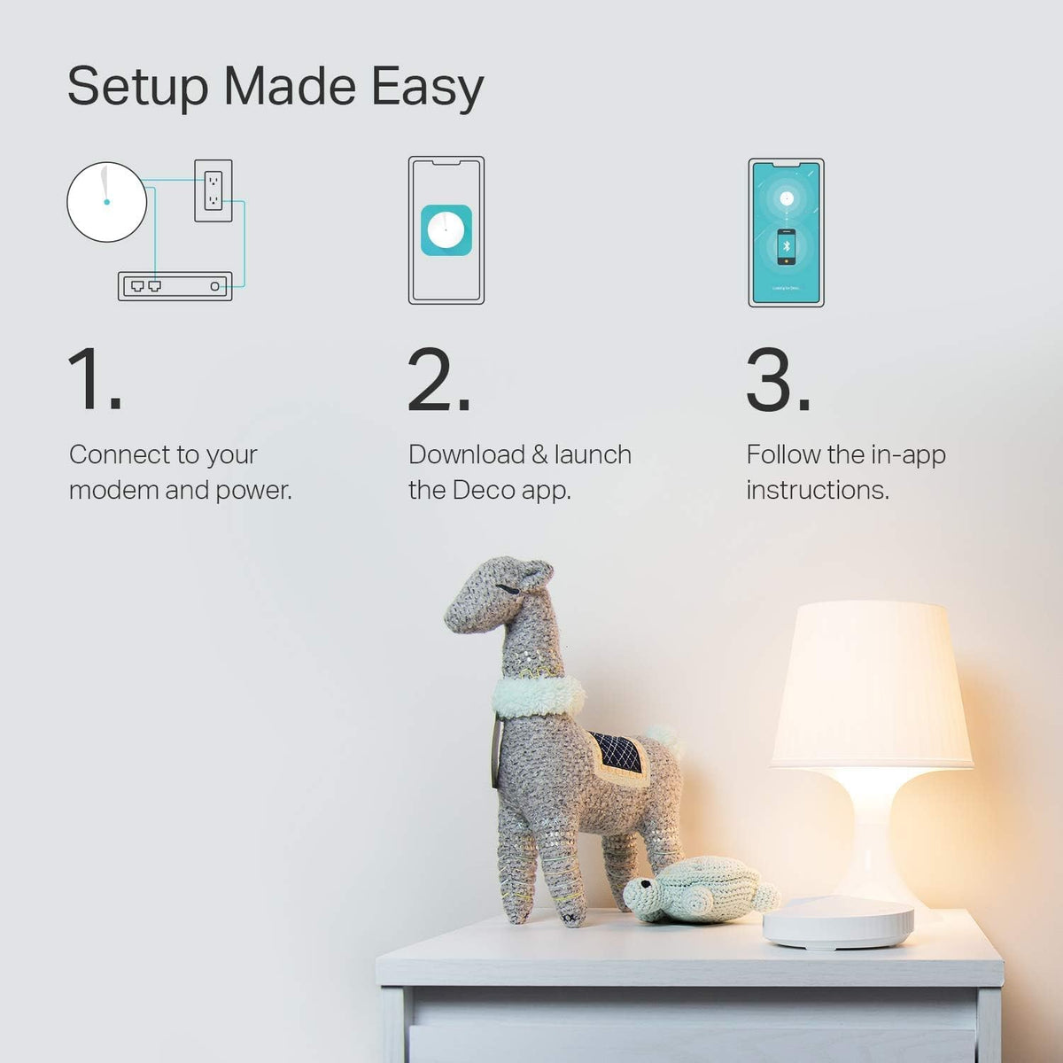 TP-Link Deco M5 in hand scale showing size and easy placement benefit