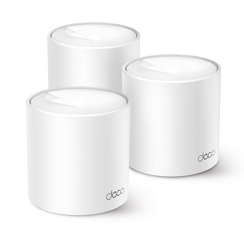TP-Link Deco W4500 front view, compact design suitable for living room placement.