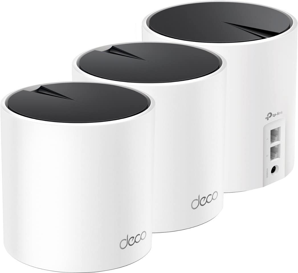 TP-Link Deco X25 three-pack Renewed box on a desk ready to install.