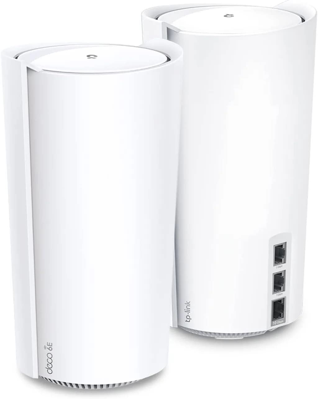 TP-Link Deco XE200 two-pack front view shows compact design for seamless home mesh coverage