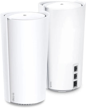 TP-Link Deco XE200 two-pack front view shows compact design for seamless home mesh coverage