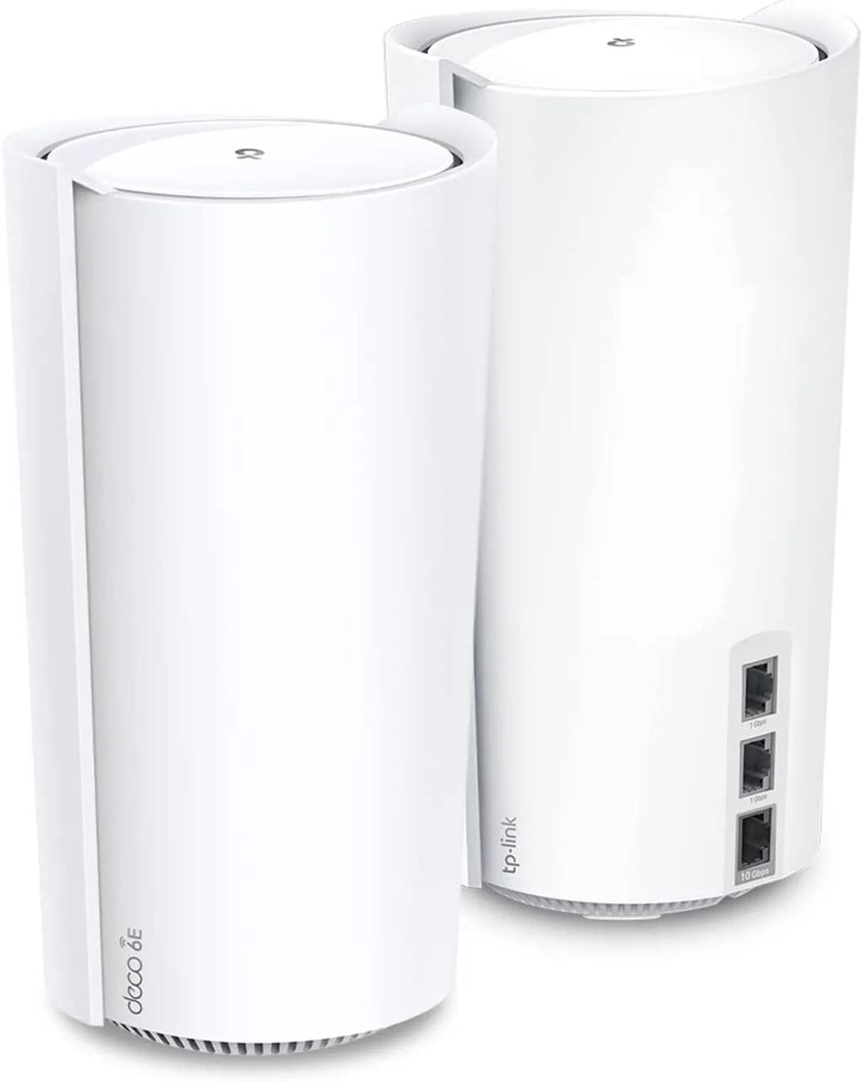 TP-Link Deco XE200 two-pack front view shows compact design for seamless home mesh coverage